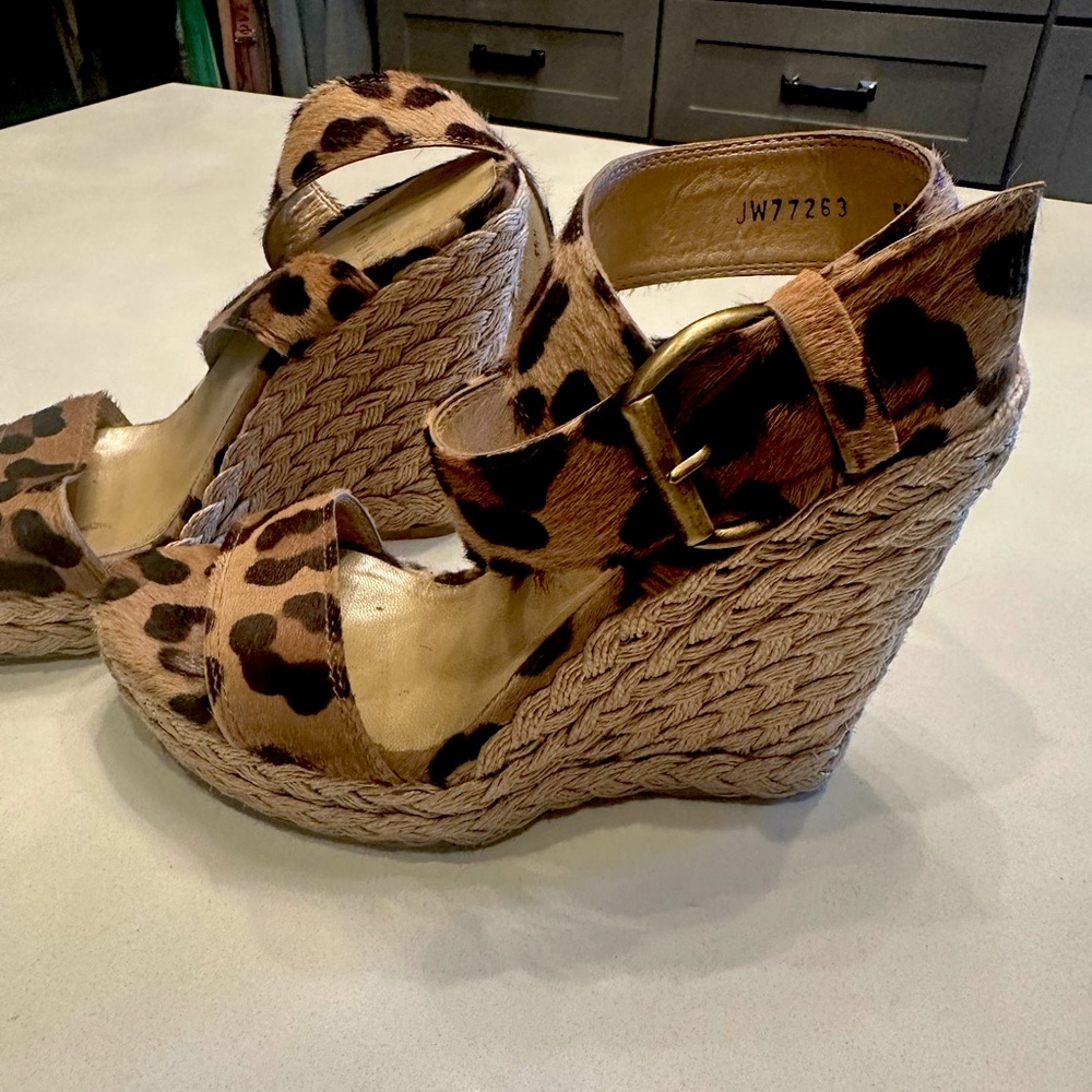 Stuart Weitzman leopard print leather ankle strap wedge sandals